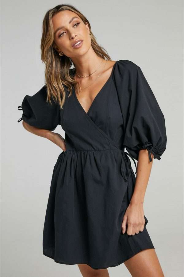 Black Cotton Wrap Style Neckline Casual Wear Dress WW1302447 A 1200x1799 1