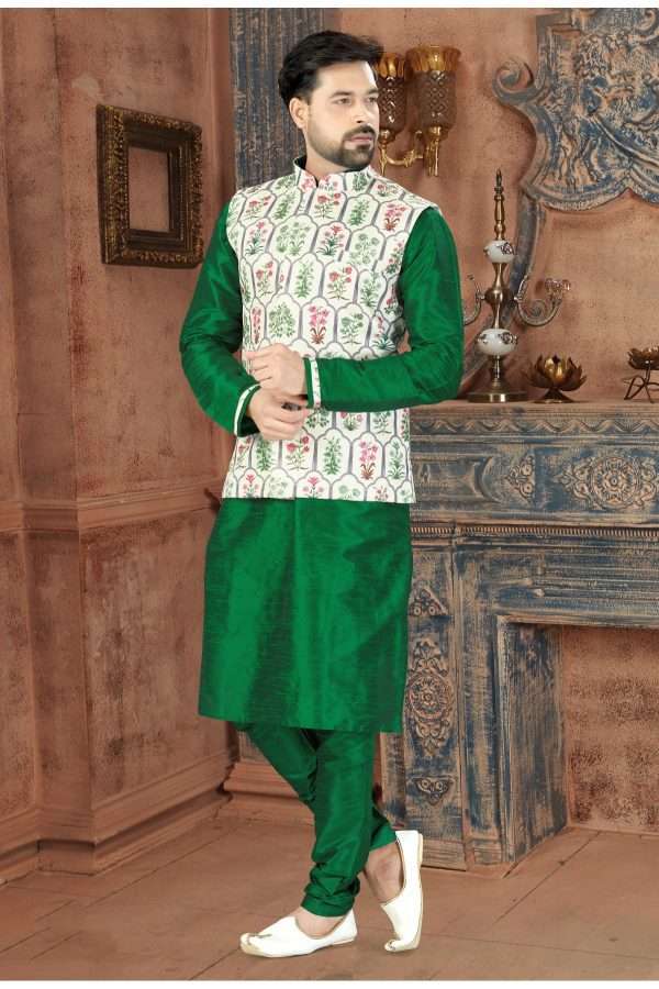 Silk Party Wear Kurta Pajama With Jacket In Green Colour KP4120177 A 1200x1799 1